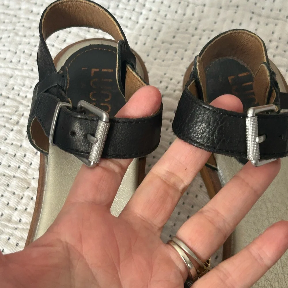 Lucca Lane Black Leather Cork Wedge Sandals Ankle Strap Comfort‎ Size 9 - Picture 5 of 9